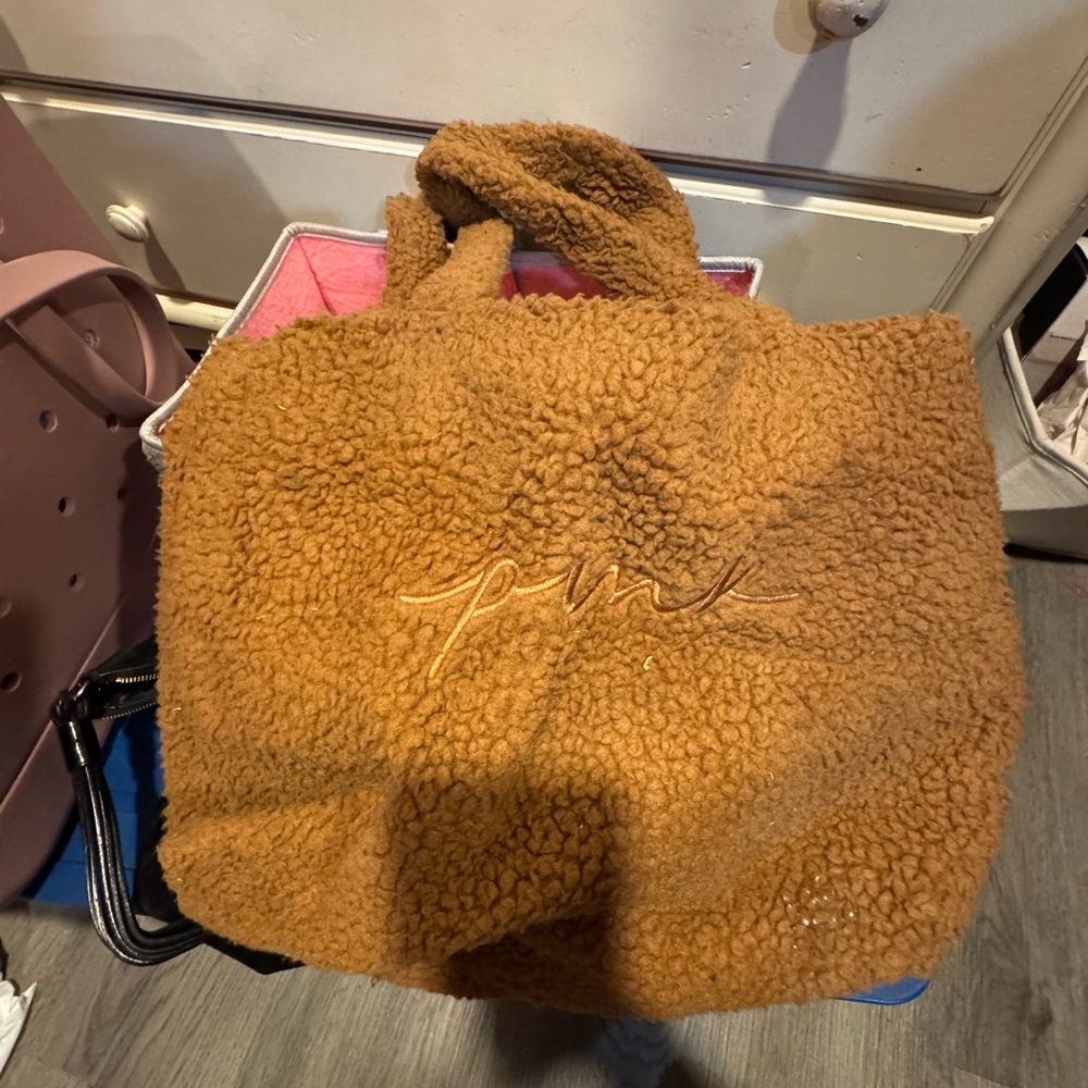 Brown Sherpa Tote Bag Pink